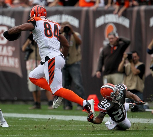 Cleveland Browns defensive back Buster Skrine, right, trips up Cincinnati Bengals wide receiver Jermaine Gresham at FirstEnergy Stadium in Cleveland Sept. 29. The Browns won, 17-6. Credit: Courtesy of MCT
