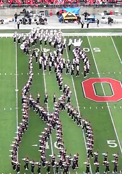 The OSU Marching Band performs a Michael Jackson formation during a Michael Jackson-themed halftime show Oct. 19 during an OSU versus Iowa game. Credit: Alexandria Chapin and Franz Ross / BuckeyeTV News director and Asst. sports director