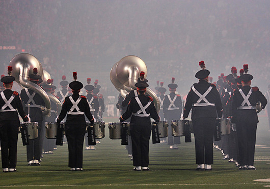 The OSU Marching Band performs during halftime at the OSU versus Penn State game Oct. 26 at Ohio Stadium. Credit: Shelby Lum / Photo editor