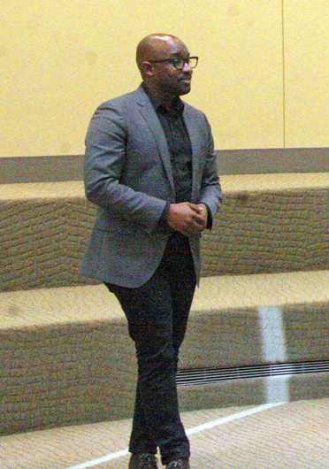 OSU alumnus Andre Banks, co-founder of All Out, an organization that seeks to end discrimination against the LGBT community, speaks at Ohio Union Oct. 25. Credit: Brooke Sayre / Lantern photographer