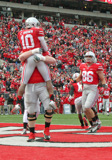 Wide receiver Corey 'Philly' Brown (10) celebrates a touchdown during a game against Iowa Oct. 19 at Ohio Stadium. OSU won, 34-24. Credit: Shelby Lum / Photo editor