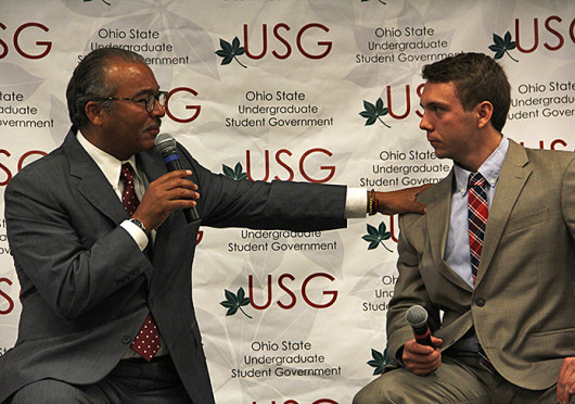 Columbus Mayor Michael Coleman and Undergraduate Student Government President Taylor Stepp speak at a USG meeting Oct. 1. Credit: Ritika Shah / Asst. photo editor