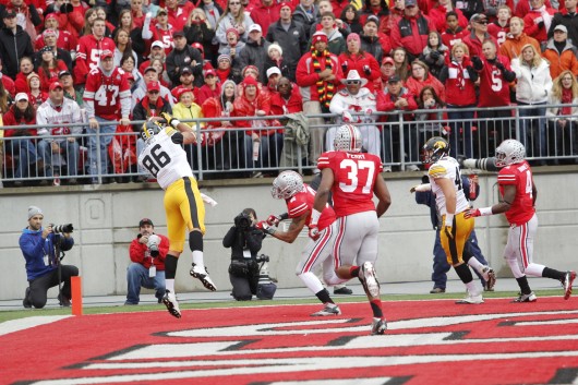 Sophomore linebacker Joshua Perry (37) and junior linebacker Ryan Shazier (2) watch Iowa senior linebacker C.J. Fiedorowicz (86) catch a touchdown during a game Oct. 19 at Ohio Stadium. OSU won, 34-24. Credit: Ritika Shah / Asst. photo editor