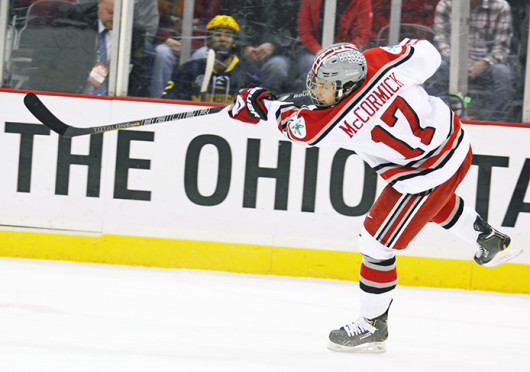 Then-sophomore forward Max McCormick (17) takes a shot during a game against Michigan Feb. 23 at the Schottenstein Center. OSU lost, 6-3. Credit: Shelby Lum / Photo editor