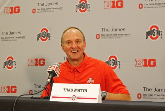 OSU basketball coach Thad Matta laughs as he answers a question during Media Day Oct. 10 at the Jerome Schottenstein Center. Credit: Shelby Lum / Photo editor