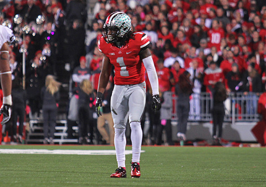 Redshirt-junior cornerback Bradley Roby (1) lines up in coverage during a game against Penn State Oct. 26 at Ohio Stadium. OSU won, 63-14. Credit: Shelby Lum / Photo editor