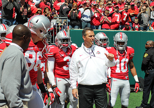 Buckeye football coach Urban Meyer prepares to lead the team out of the tunnel before the OSU Spring Game April 13 at Paul Brown Stadium. Scarlet beat Gray, 31-14. Credit: Lantern file photo