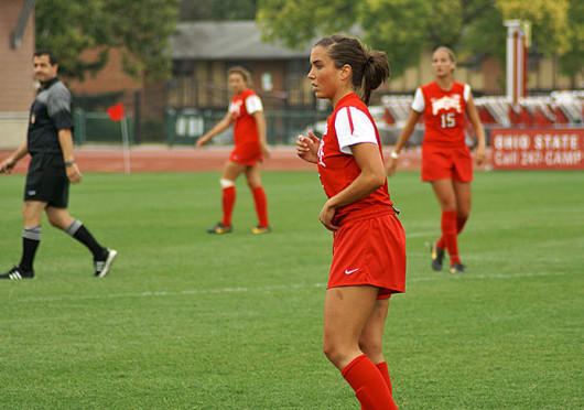 Junior midfielder Ellyn Gruber (5)  watches her teammates during a game against Purdue Sept. 29 at Jesse Owens Memorial Stadium. OSU lost, 1-0. Credit: Michele Theodore / Copy chief