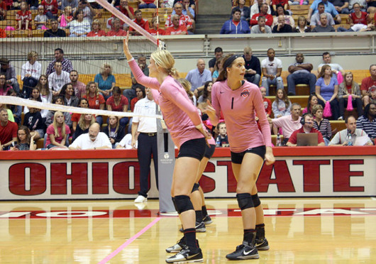 Freshman outside hitter Kylie Randall (1) makes sure her teammates are in place during a match against Wisconsin Oct. 11 at St. John Arena. OSU lost, 3-2. Credit: Daniel Rogers / Asst. sports editor