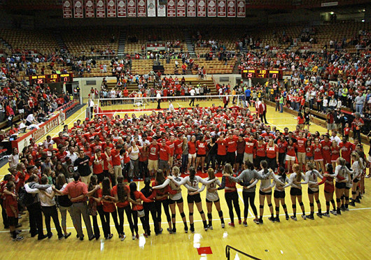 The Ohio State women's volleyball team celebrates a victory against Michigan Sept. 27 at St. John Arena. OSU won, 3-1. Credit: Mark Batke / Lantern photographer