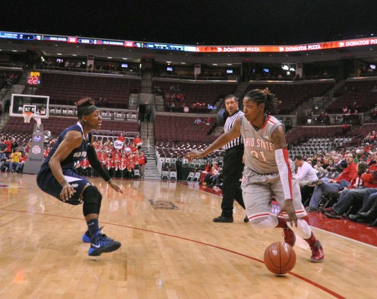 Ohio State junior guard Raven Ferguson (31) dribbles the ball during a game against Old Dominion Nov. 22 at the Schottenstein Center in Columbus, Ohio. OSU won, 75-60.