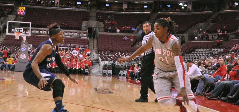 Ohio State junior guard Raven Ferguson (31) dribbles the ball during a game against Old Dominion Nov. 22 at the Schottenstein Center in Columbus, Ohio. OSU won, 75-60. Credit: Lantern file photo
