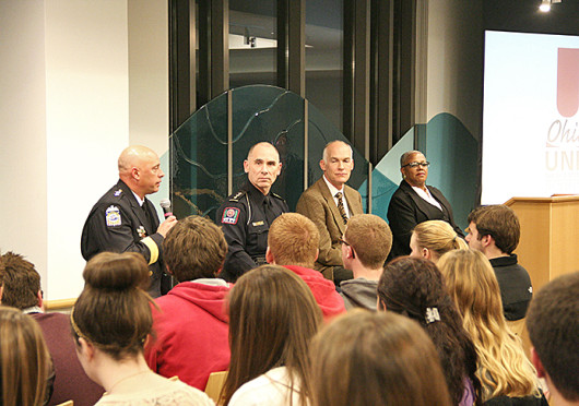 Columbus Division of Police Deputy Chief Tom Quinlan (left), University Police Chief Paul Denton, Senior Vice President for Administration and Planning Jay Kasey and Vice President for Student Life Javaune Adams-Gaston speak at the USG Conversation on Safety Nov. 5 at the Ohio Union. Credit: Ethan Day / Lantern photographer