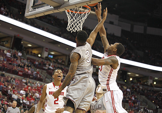 Junior center Amir Williams (23) attempts a lay up during an exhibition game against Walsh Nov. 3 at the Schottenstein Center. OSU won, 93-63. Credit: Kelly Roderick / For The Lantern