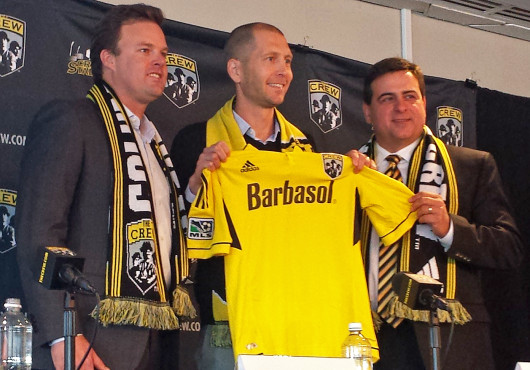 New Columbus Crew coach Gregg Berhalter stands with Crew CEO Anthony Precourt and general manager Mark McCullers during a press conference Nov. 12 at Crew Stadium. Credit: Andrew Todd-Smith / Lantern photographer