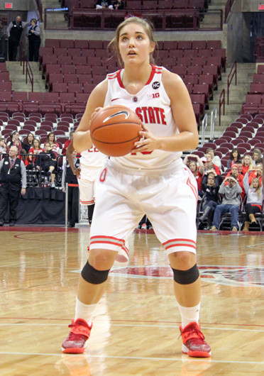 Sophomore guard Cait Craft (13) shoots a free throw during a game against Florida Atlantic Nov. 10 at the Schottenstein Center. OSU won, 91-88. Credit: Ryan Robey / For The Lantern