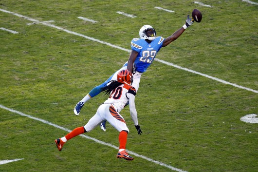 LaDarius Green of the San Diego Chargers tries to make a catch during a game against the Cincinnati Bengals at Qualcomm Stadium Dec. 1. The Bengals won, 17-10. Credit: Courtesy of MCT