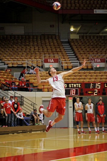 Freshman outside hitter Miles Johnson fires a serve during a match against Lees-McRae Jan. 17 at St. John Arena. OSU won, 3-0. Credit: Shelby Lum / Photo editor