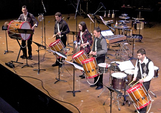 Christopher Norton (left), Scott Herring, Susan Powell, Joseph Krygier and Kristopher Keeton of the Sympatico Percussion Group.  The group is set to perform 8 p.m. Tuesday at Weigel Auditorium.  Credit: Courtesy of Tyler Crea 