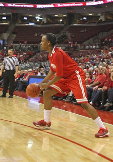 Sophomore guard Ameryst Alston (14) dribbles the ball during a game against Michigan Jan. 5 at the Schottenstein Center. OSU lost, 64-49. Credit: Shelby Lum / Photo editor