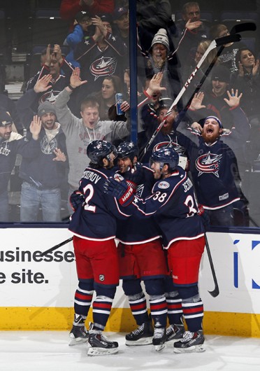 The Columbus Blue Jackets celebrate a goal during a game against the Los Angeles Kings Jan. 21 at Nationwide Arena. The Blue Jackets won, 5-3. Courtesy of MCT