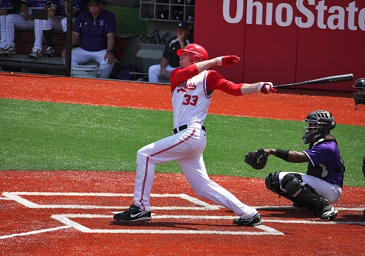 Then-sophomore pitcher and first baseman Josh Desze (33) hits the ball during a game against Northwestern May 6, 2012, at Bill Davis Stadium. OSU won, 4-1. Credit: Shelby Lum / Photo editor