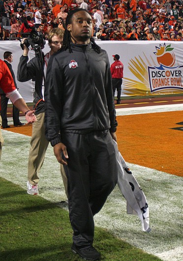 Redshirt-junior cornerback Bradley Roby walks out of the tunnel in sweatpants before the 2014 Discover Orange Bowl Jan. 3 at Sun Life Stadium. OSU lost, 40-35. Credit: Shelby Lum / Photo editor