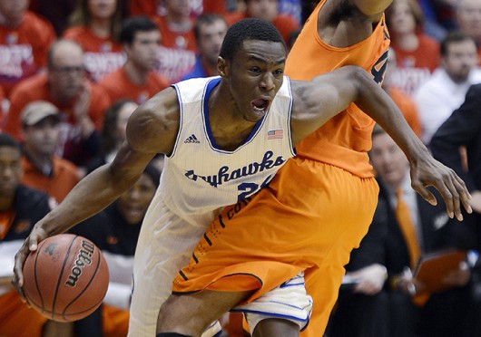 Kansas freshman guard Andrew Wiggins (22) drives to the basket during a game against Oklahoma State Jan. 18 at Allen Fieldhouse. Kansas won, 80-78. Courtesy of MCT