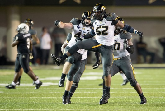 Then-redshirt-senior Missouri defensive lineman Michael Sam (52) celebrates a sack during a game against Vanderbilt Oct. 5 at Vanderbilt Stadium. On Sunday Sam came out as gay and hopes to become the first active openly gay NFL player. Courtesy of MCT