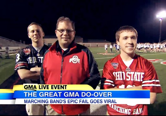 Zachary Naughton (left), Jon Waters and Ryan Barta of the OSU Marching Band coach the Lake Travis High School marching band in Austin, Texas.Credit: Screenshot of segment on ABC's 'Good Morning America' Credit: Screenshot of segment on ABC's 'Good Morning America'