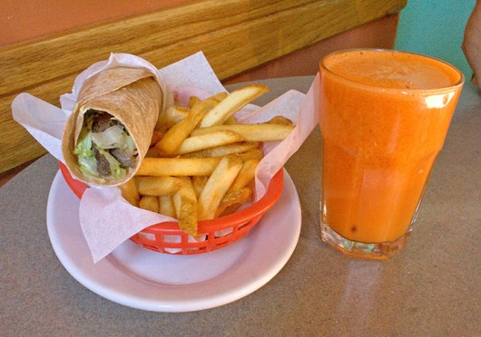 Lamb shawarma, fries and orange carrot juice at Clintonville's Lavash Cafe. Credit: Mark Spigos / Lantern reporter