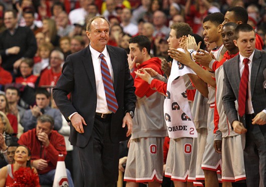 OSU coach Thad Matta paces the sidelines during a game against Michigan Feb.  11 at the Schottenstein Center. OSU lost, 70-60. Credit: Shelby Lum / Photo editor