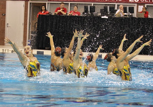 The Ohio State synchronized swimming team performs their routine during the Jessica  Beck Memorial Meet Feb. 1 at McCorkle Aquatic Pavilion. OSU won with 93 points. Credit: Shelby Lum / Photo editor