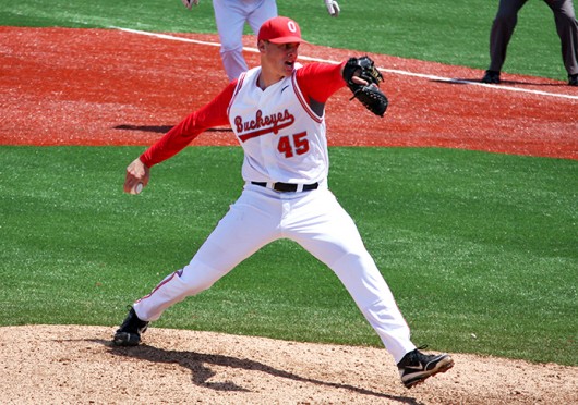 Then-sophomore pitcher John Kuchno (45) throws the ball during a game against Northwestern May 6, 2012, at Bill Davis Stadium. OSU won, 4-1. Credit: Shelby Lum / Photo editor