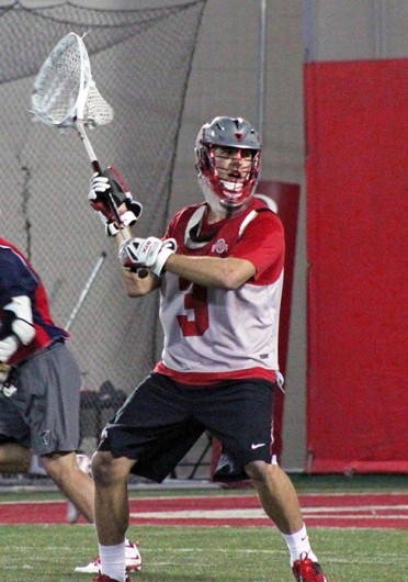 Senior goalie Greg Duttun (3) looks for an open teammate during a game against Robert Morris Feb. 1 at the Woody Hayes Athletic Center. OSU won, 11-7. Credit: Ryan Robey / For The Lantern