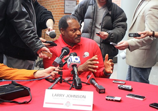 OSU defensive line coach Larry Johnson Sr. answers questions from the media on National Signing Day Feb. 5 at the Woody Hayes Athletic Center.  Credit: Shelby Lum / Photo editor