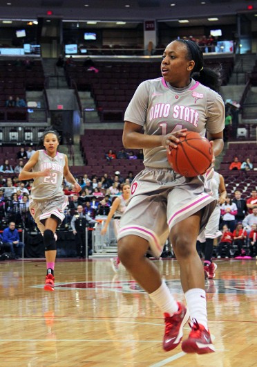 Sophomore guard Ameryst Alston (14) looks for an open teammate during a game against Penn State Feb. 9 at the Schottenstein Center. OSU lost, 74-54. Credit: Ritika Shah / Asst. photo editor