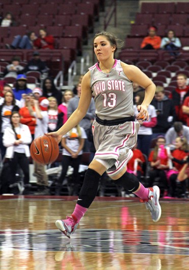 Sophomore guard Cait Craft takes the ball up the court during a game against Penn State Feb. 9 at the Schottenstein Center. OSU lost, 74-54. Credit: Ritika Shah / Asst. photo editor
