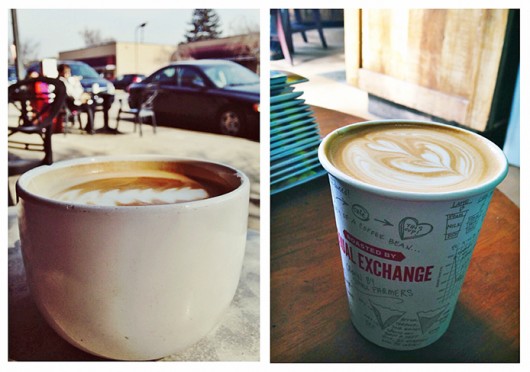 A latte from Stauf’s in Columbus (left) and a latte from Equal Exchange Café in Boston.  Credit: Mark Spigos / Lantern reporter 