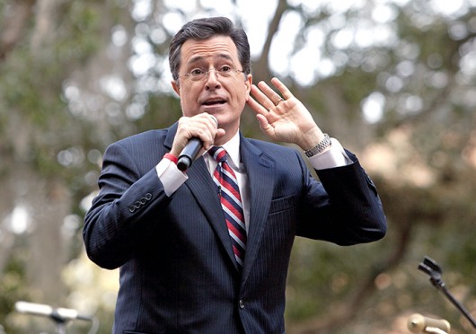 Stephen Colbert speaks to the crowd at Rock Me Like a Herman Cain: South Cain-Olina Primary Rally, an event Colbert held with Rep. Herman Cain at the College of Charleston in Charleston, S.C., Jan. 20, 2012.Credit: Courtesy of MCT