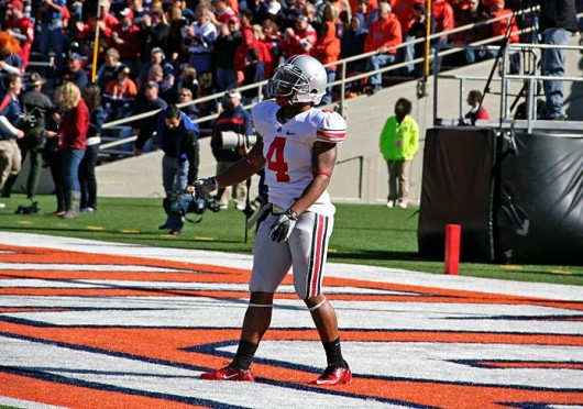 Former Ohio State running back stands in the end zone during warmups of a game against Illinois Oct. 15, 2011 in Champaign, Ill. OSU won, 17-7. Lantern file photo