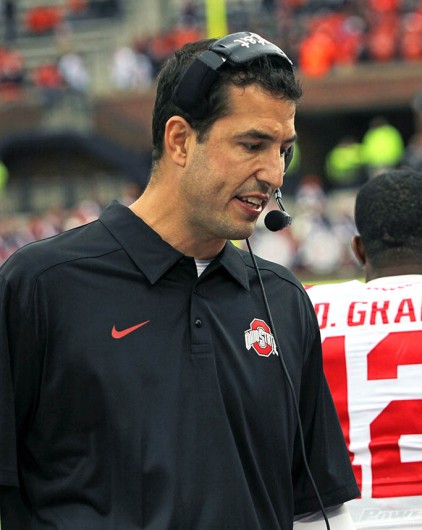 Co-defensive coordinator and linebackers coach Luke Fickell talks in his headset during a game against Illinois Nov. 16 at Memorial Stadium. OSU won, 60-35. Credit: Ritika Shah / Asst. photo editor