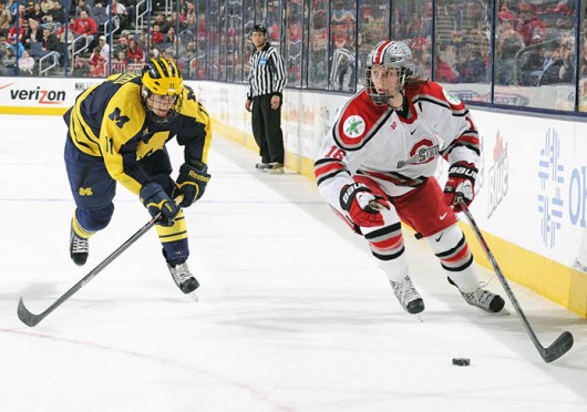 Junior forward Tanner Fritz (16) outskates an opponent during a game against Michigan March 2 at Nationwide Arena. OSU lost, 4-3. Credit: Ben Jackson / For The Lantern