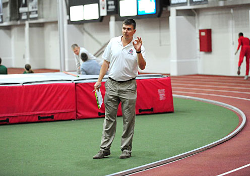 OSU men’s track associate head coach Brice Allen signals the runners during a race at the Buckeye Classic Jan. 10 at French Field House. Courtesy of OSU athletics