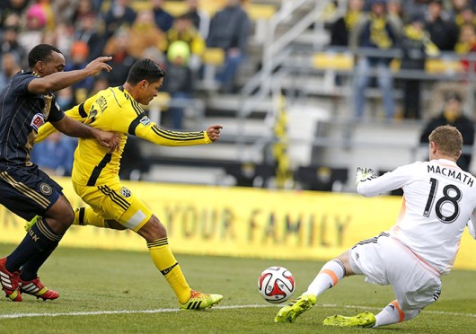 Columbus Crew forward Jairo Arrieta (middle) shoots the ball during a game against the Philadelphia Union March 22 at Crew Stadium. The Crew won, 2-1. Courtesy of MCT