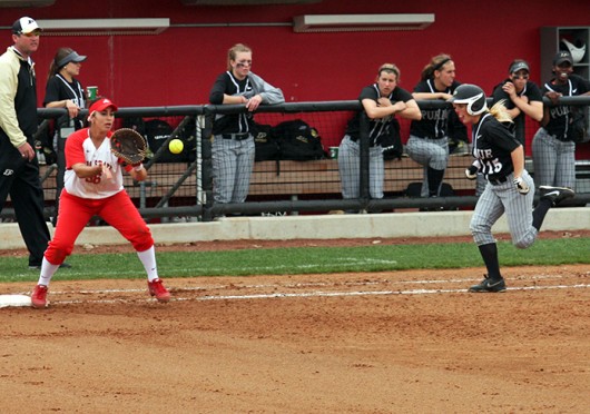 Senior 1st baseman Evelyn Carrillo (36) prepares to catch the ball during a game against Purdue April 13 at Buckeye Field. OSU lost, 5-4. Credit: Jason Morrow / Lantern photographer