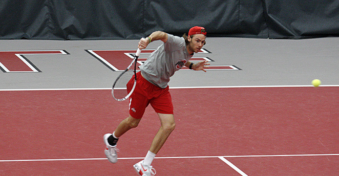 Then-redshirt-junior Hunter Callahan hits the ball during a match against Tulsa April 11 at the Varsity Tennis Center. OSU won, 4-3. Credit: Lantern file photo
