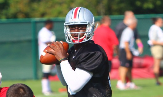 OSU redshirt-freshman quarterback J.T. Barrett scans the field during practice at the Woody Hayes Athletic Center Aug. 9.  Credit: Mark Batke / Photo editor