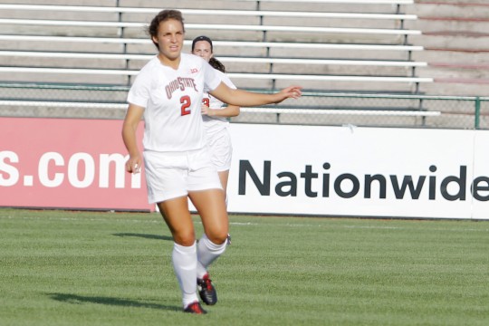 Then-sophomore defender Marisa Wolf scans the field during a game against Eastern Michigan on Aug. 25, 2013, at Jesse Owens Memorial Stadium. OSU won, 2-1, in overtime. Credit: Lantern file photo