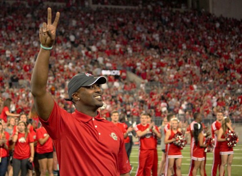 Former OSU quarterback Troy Smith stands before the crowd during the Ohio State Athletics Hall of Fame ceremony at halftime of a game against Cincinnati on Sept. 27 at Ohio Stadium. OSU won, 50-28. Credit: Chelsea Spears / Multimedia editor